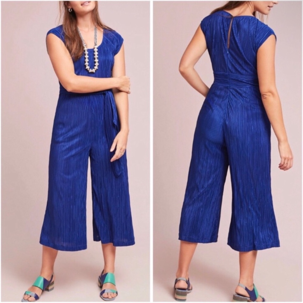 Maeve Anthropologie Sonata Jumpsuit Pleated Royal Blue Tie Waist
